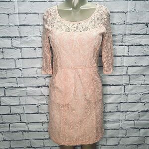 Maeve Womens Blush Pink 3/4 Sleeve Keyhole Scoop Neck Lace A-Line Dress Small